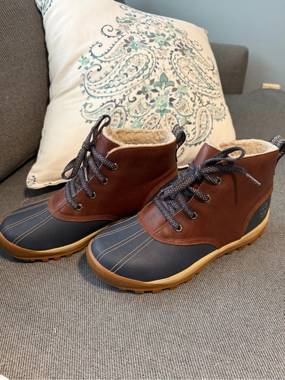Timberland Brown & Navy Waterproof Duck Boots with Shearling Lining